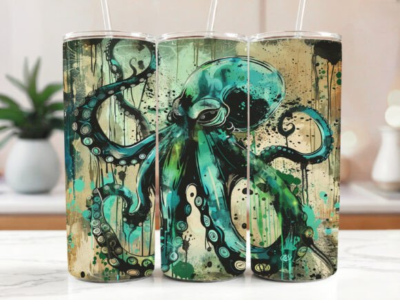 3D Octopus Copper Metal Design 20oz Graphics and Tumbler Wraps