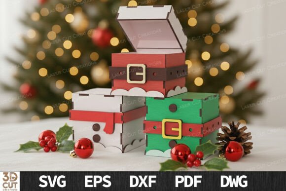 Christmas Gift Box Bundle SVG 3 Designs: Laser Cutting and Winter Amp Assets