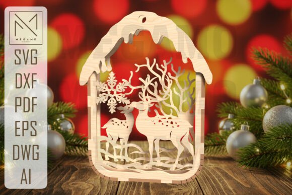 Deer Couple Ornament SVG for Laser Cutting and Winter Amp
